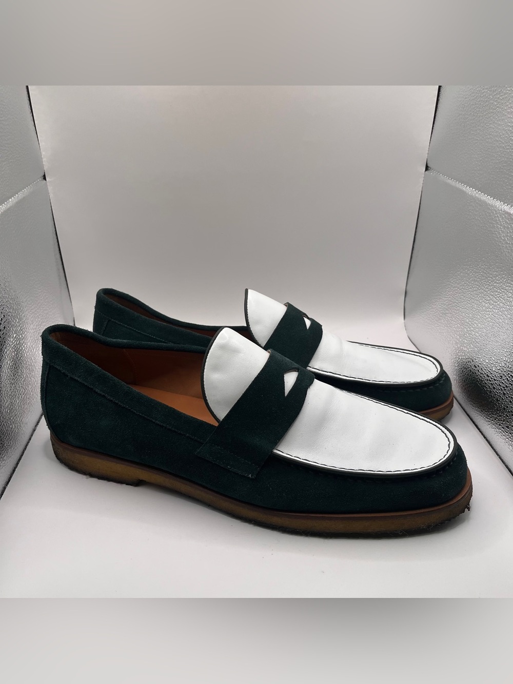Marc Nolan green suede white leather penny loafers two-tone white green size 15